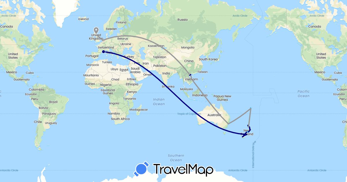 TravelMap itinerary: driving, plane, boat in Australia, Fiji, France, United Kingdom, Netherlands, New Zealand, Vietnam (Asia, Europe, Oceania)